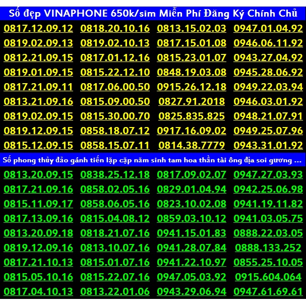 Sim Vina số đẹp 650k Miễn phí ĐK chính chủ Có được nhiều gói Ưu đãi phút gọi + Data + tin nhắn khủng của VinaPhone