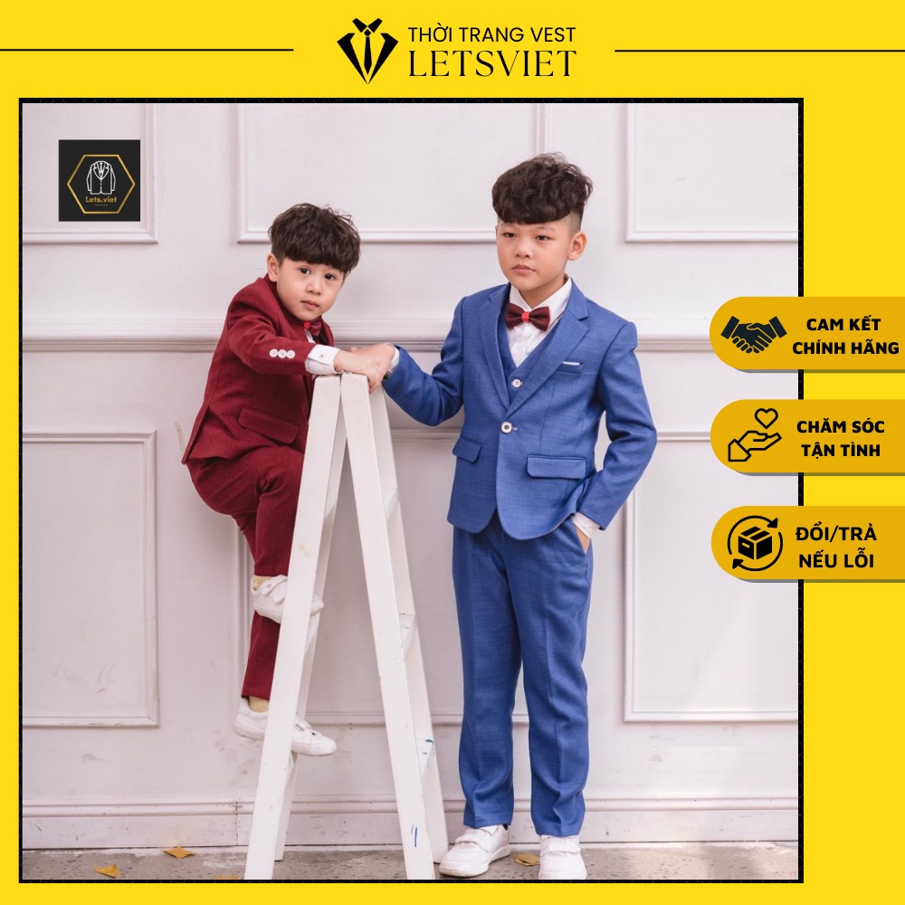 Bộ Vest Bé Trai Cực Phong Cách 3 Màu Xanh, Đỏ, Vàng Nâu Cực Đẹp Mặc Mát Lên Form Chuẩn, Dễ Dàng Kết Hợp LETSVIET