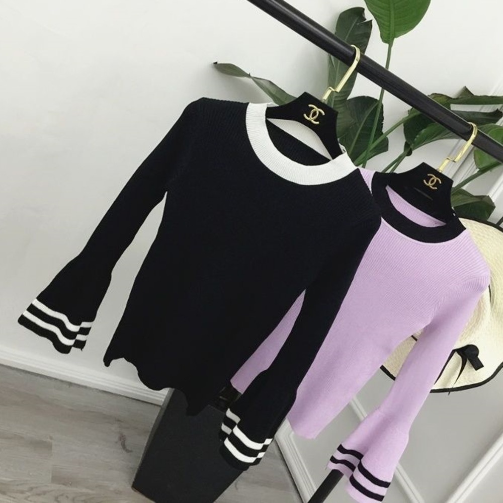 Áo Len Tay Dài Ống Loe Họa Tiết Kẻ Sọc Phong Cách Phương Tây Thời Trang Mùa Thu Mới Cho Nữ