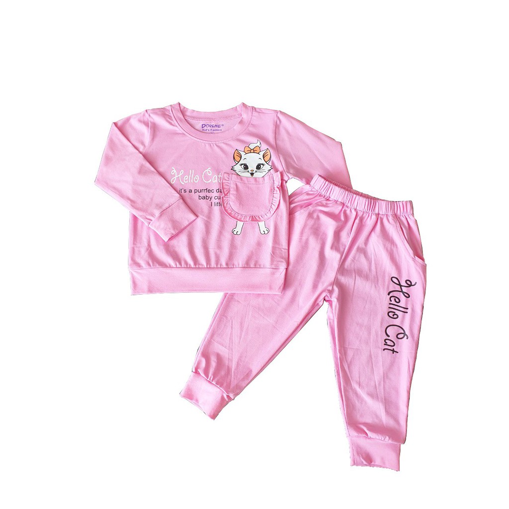 Bộ thun thu đông chất cotton cao cấp mẫu con mèo cho bé gái từ 9kg đến 25kg