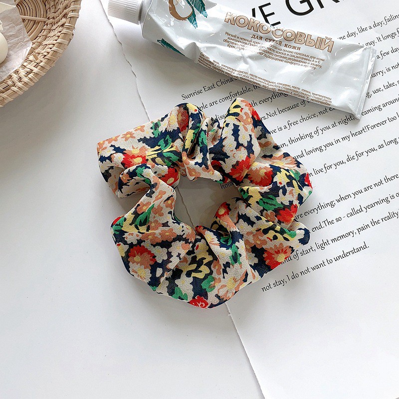 Dây buộc tóc vải scrunchies vải voan họa tiết hoa nhí vintage