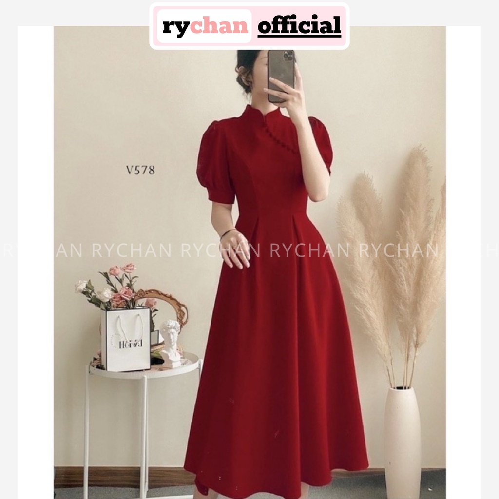 Đầm Midi Đỏ Cổ Tàu Trung Hoa Dáng Dài Siêu Đẹp, Đầm Chụp Hình Ngoại Cảnh - DX555