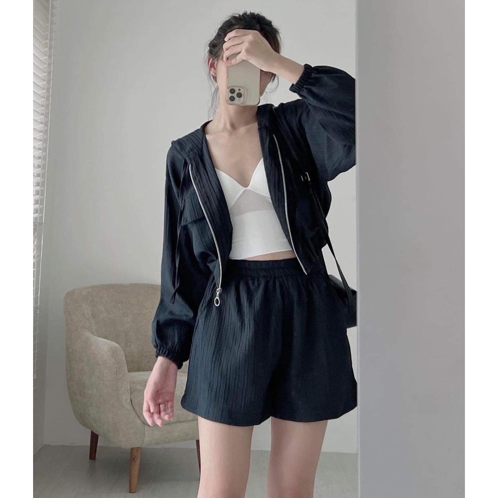 Set Đồ Bộ nữ Chất Liệu Đũi Nhăn FreeShip Áo Khoác Kèm Quần Đùi Phong Cách Hàn Quốc