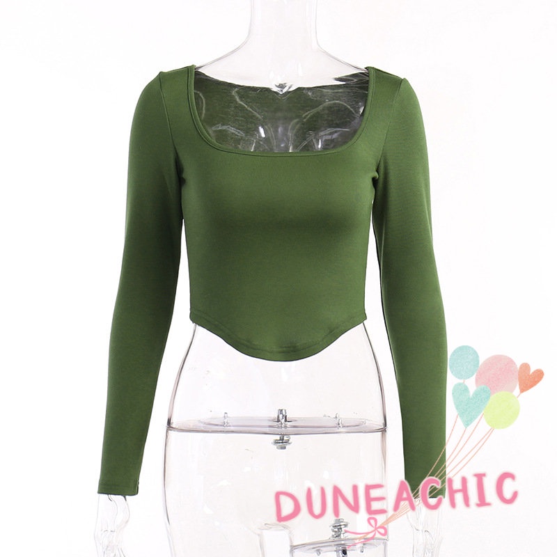 Áo croptop DUNEA dệt kim tay dài cổ vuông màu trơn xinh xắn thời trang cho nữ