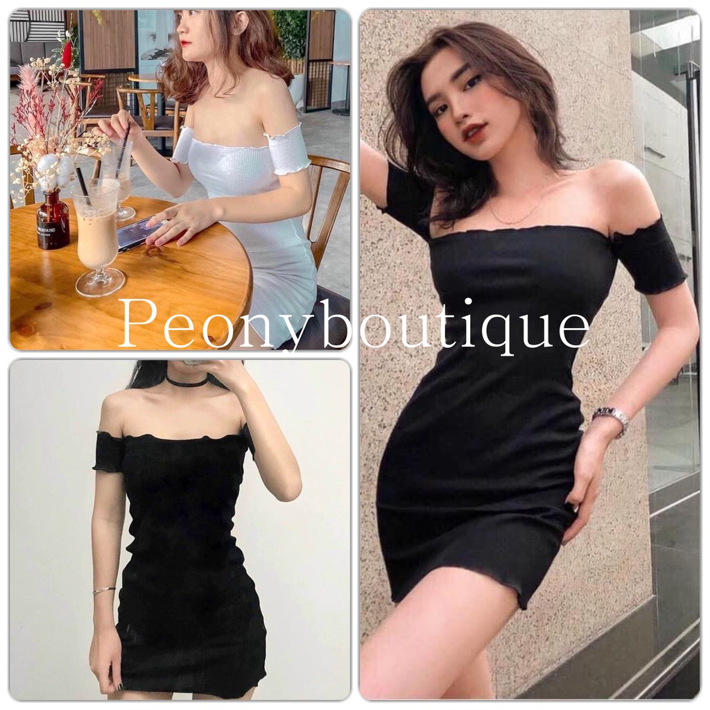 Váy Body Viền Bèo Hở Vai PEONYB Nữ [FREESHIP] 🌸 Đầm dáng ôm cộc tay bánh bèo tiểu thư màu ĐEN | TRẮNG Ulzzang 🌸 | BigBuy360 - bigbuy360.vn