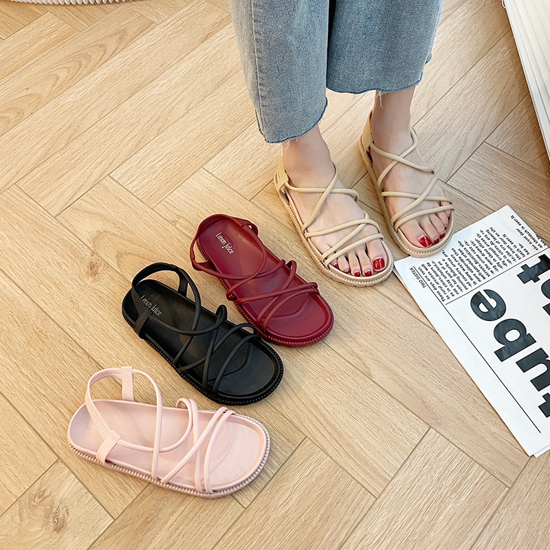 Giày Sandal Nhựa PVC Đế Bằng Cột Dây Thoải Mái Phong Cách Thời Trang Mới Năm 2021