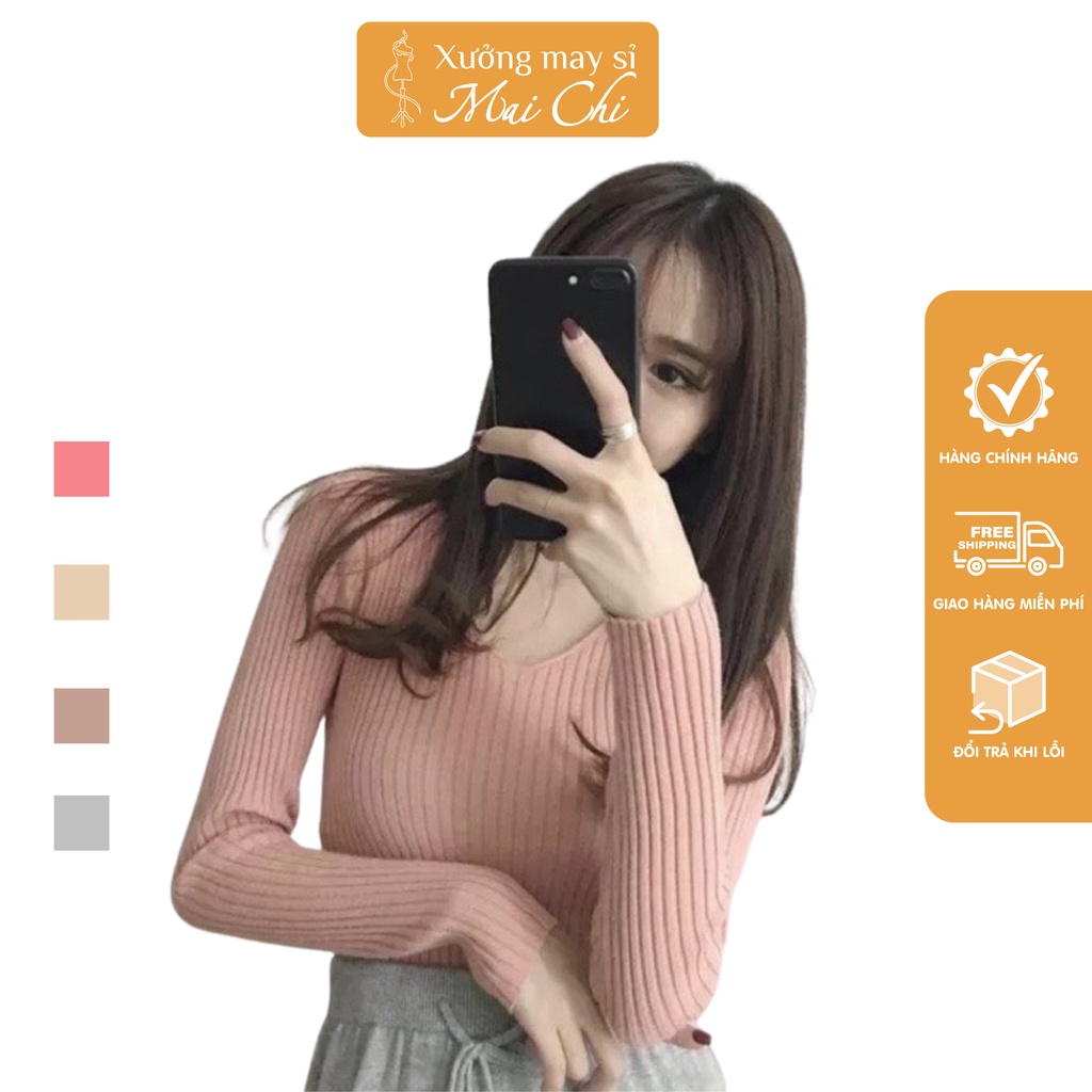 Áo len tăm cổ tim dài tay sang chảnh, Áo dài tay nữ chất len lông cừu cao cấp mềm mịn co dãn 4 chiều