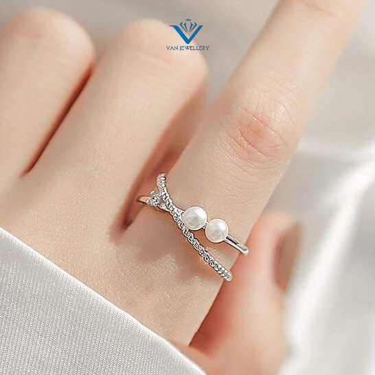 Nhẫn bạc Van jewelry V10156 nhẫn Freesize đính Ngọc trai nhân tạo dễ thương