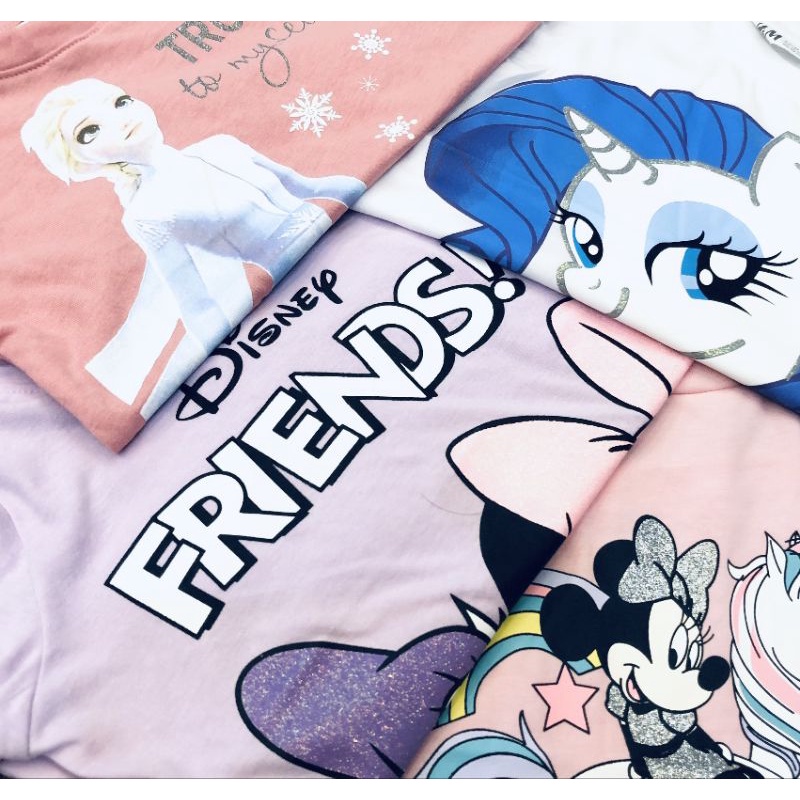 Áo thun cộc tay bé gái H.M, chất cotton mềm mịn, in hình công chúa Elsa, ngựa Pony, Minnie cực dễ thương size đại
