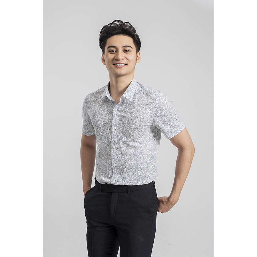 Áo Sơ Mi Nam Tay Ngắn Aristino ASS065S9 Màu Trắng In Họa Tiết Lá Dáng Slim Fit Vải Sợi Sồi