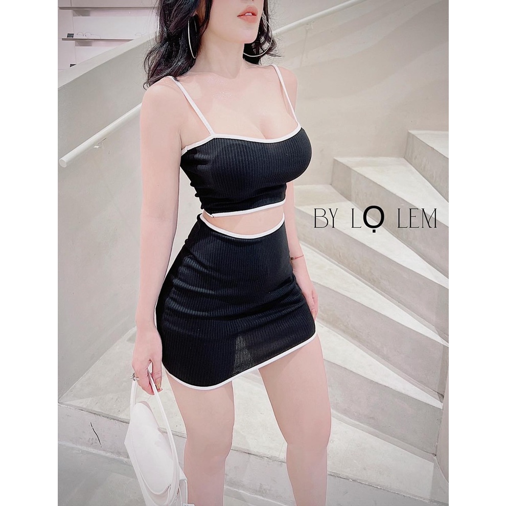 Sét bộ áo 2 dây croptop viền màu phối chân váy viền màu body cực hot , chất thun gân mềm mịn