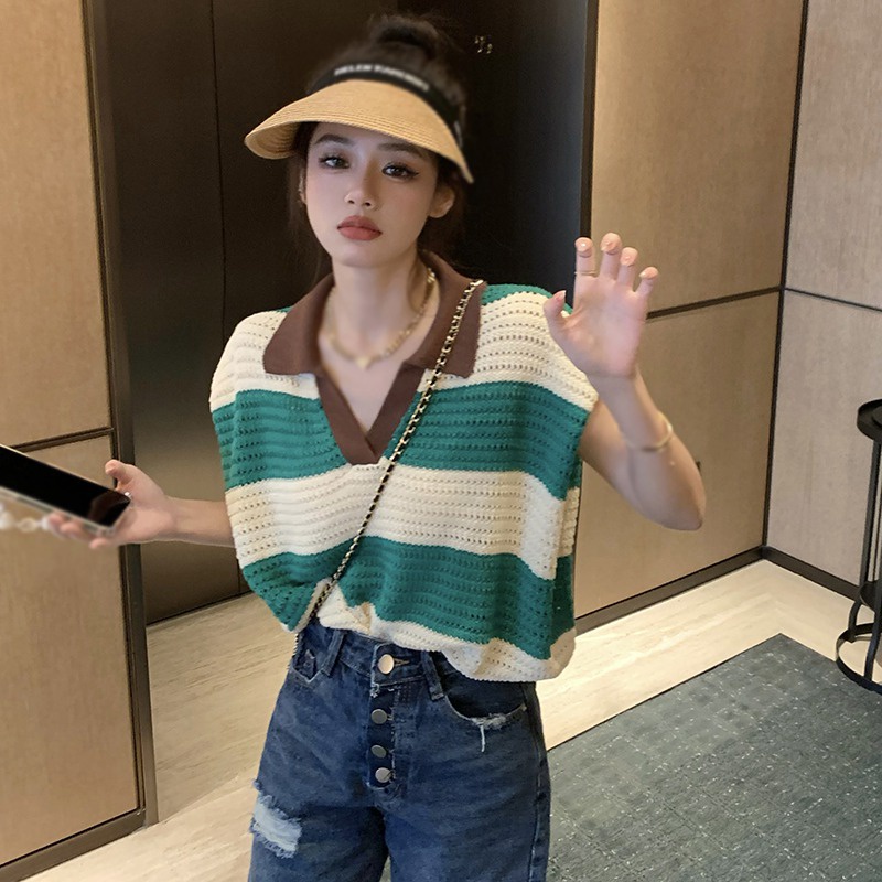 Áo Tank Top Dệt Kim Sát Nách Cổ Bẻ Thời Trang Mùa Hè Cho Nữ