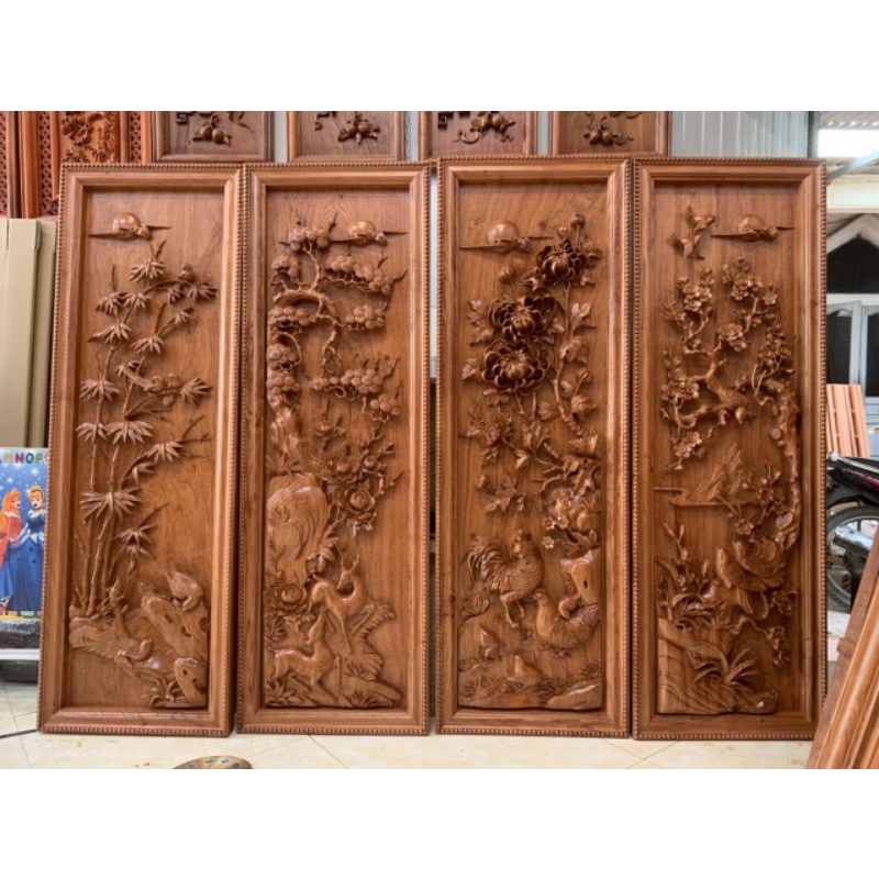 Tranh tứ quý bốn mùa bằng gỗ hương đá 42×127×5cm