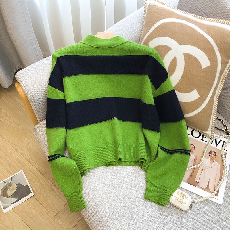 Áo Khoác Cardigan Dệt Kim Tay Dài Dáng Rộng Cổ V Kẻ Sọc Kiểu Retro Thời Trang Mùa Thu Cho Nữ