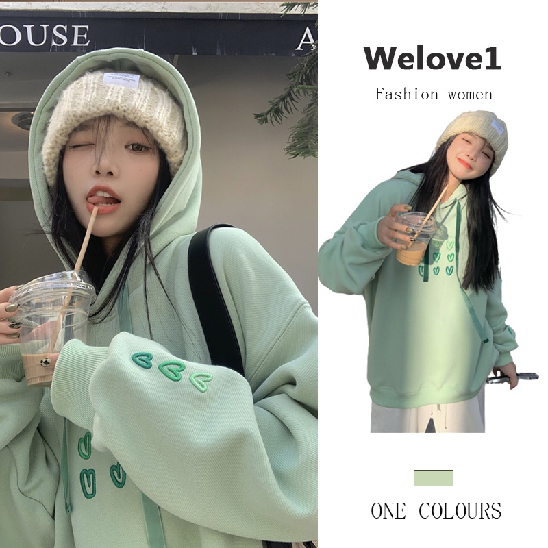 Áo hoodie dáng rộng thêu họa tiết trái tim phong cách Hàn Quốc mùa thu trẻ trung thời trang dành cho nữ