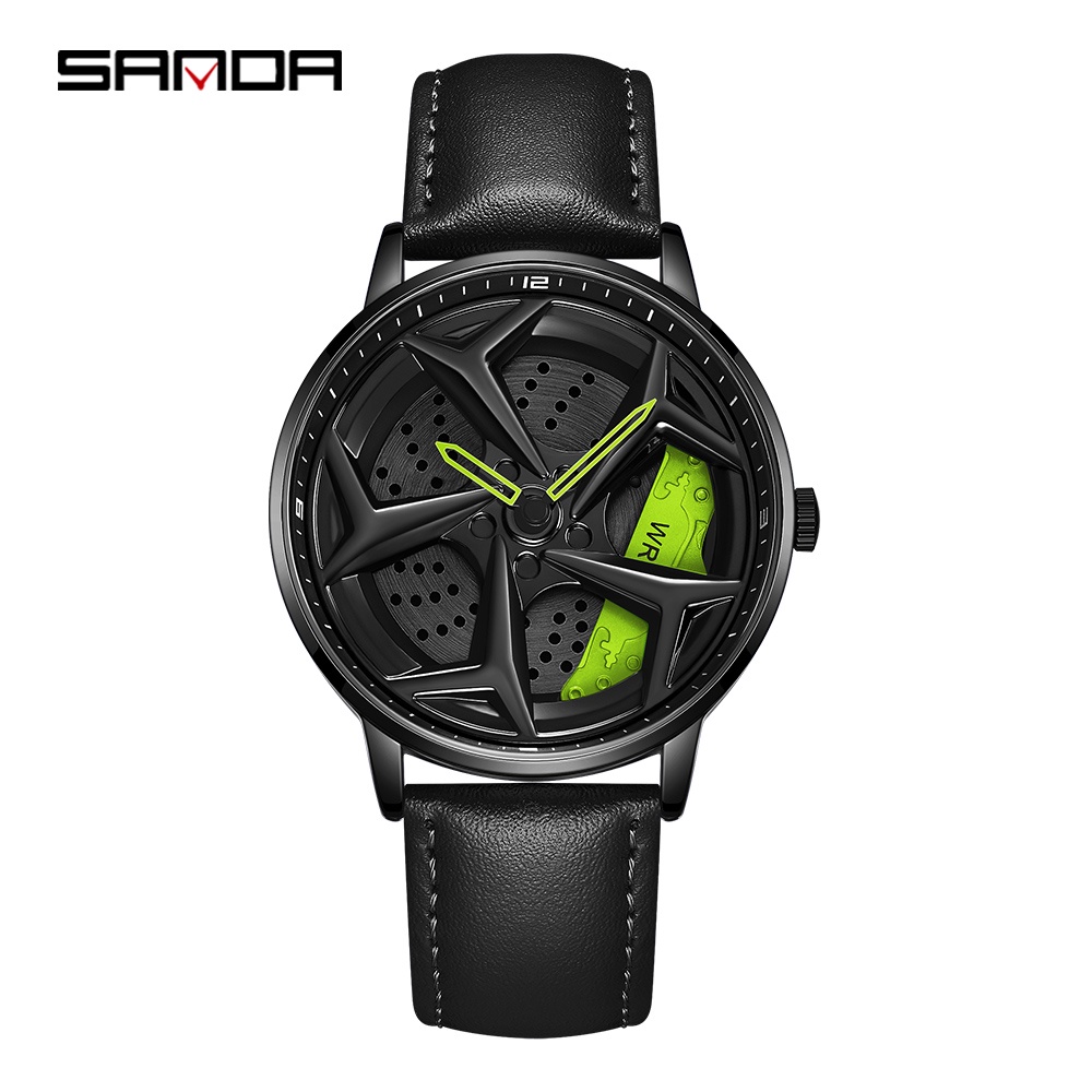 Đồng Hồ Gắn Vành Bánh Xe Hơi SANDA Xoay 360 Độ Cá Tính Cho Nam ° Đồng Hồ Quartz Chống Thấm Nước Với Dây Đeo Da