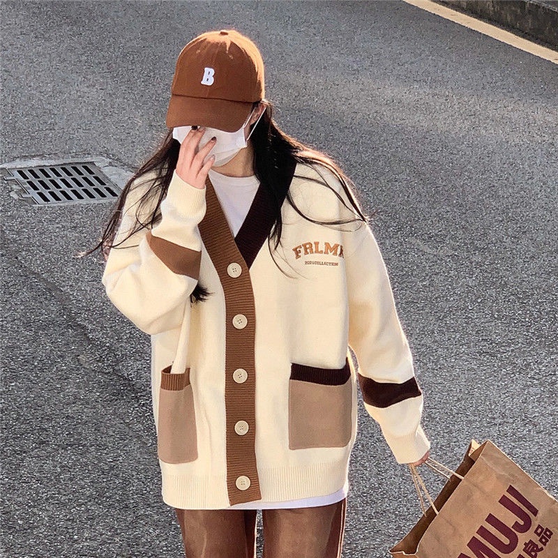 Áo Khoác cardigan Dệt Kim Cổ Chữ V Dáng Rộng Họa Tiết Thêu Thời Trang Theo Phong Cách Hàn Quốc