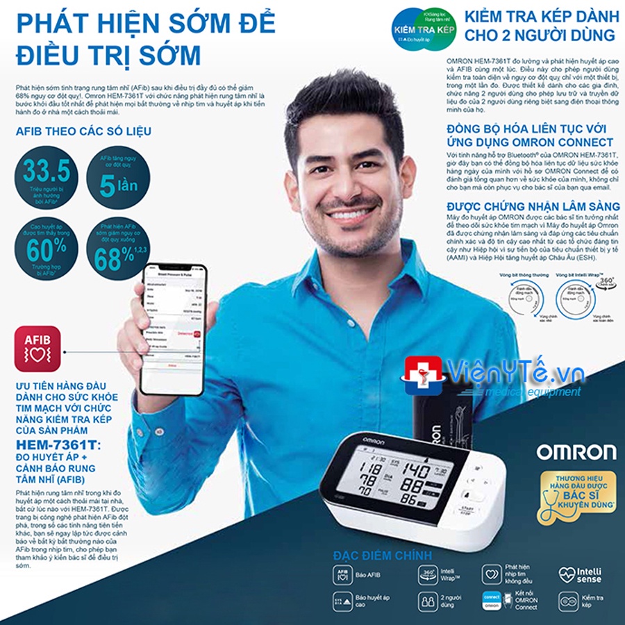 Máy Đo Huyết Áp Bắp Tay Kết Nối Bluetooth Omron HEM 7361T | Chức Năng Phát Hiện AFIB