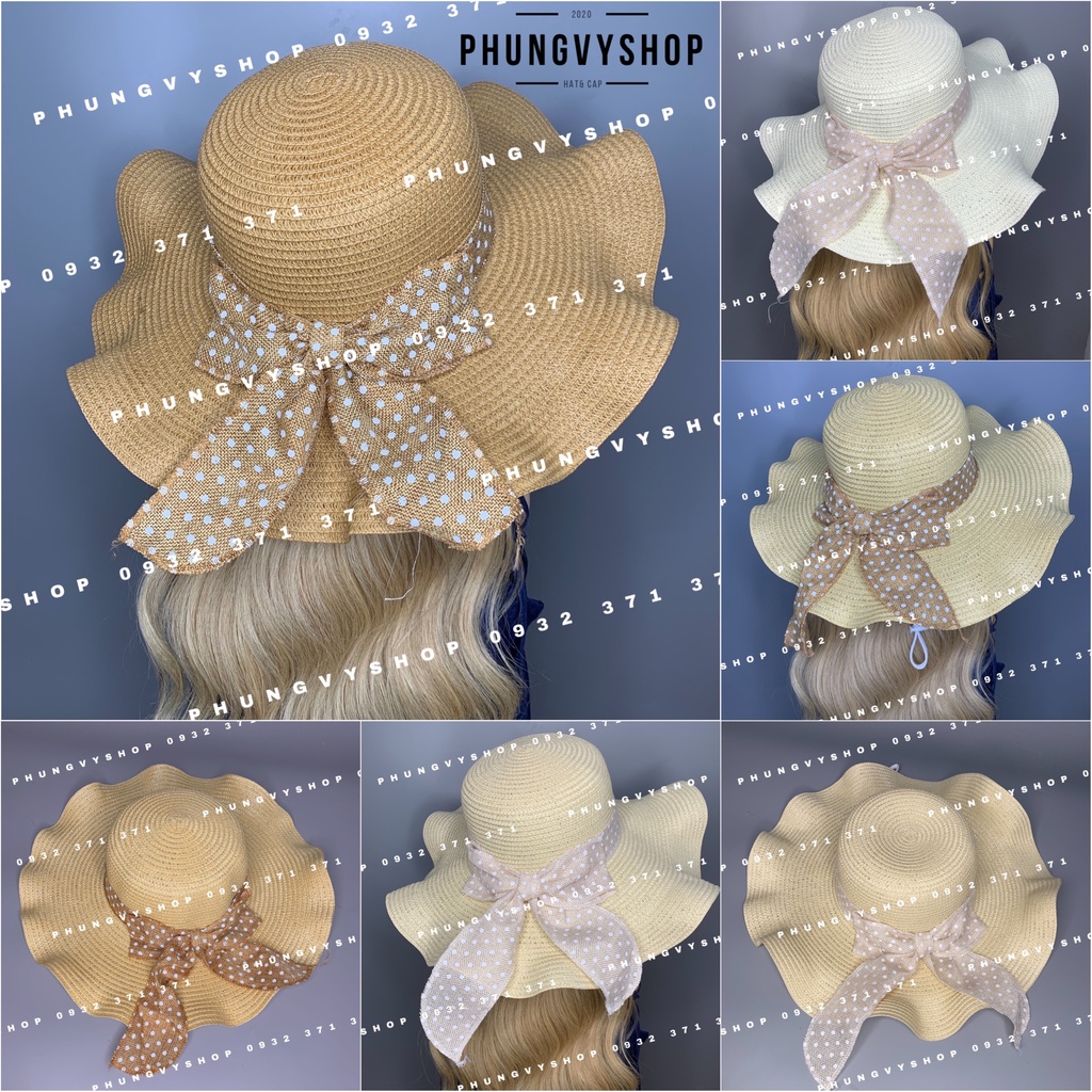 Mũ cói VÀNH LƯỢN DÂY BI nón đi biển che nắng