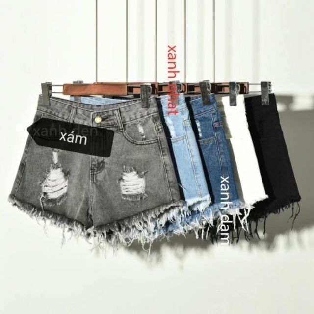 Quần short jean nữ cào xước lỗ không điều râu mèo cạp cao