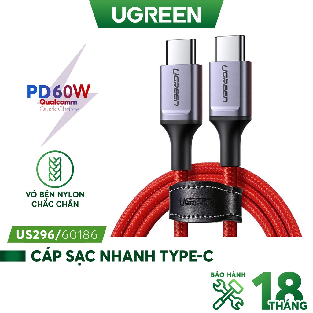 Cáp sạc và truyền dữ liệu 2 cổng USB type C, hỗ trợ sạc nhanh PD 60W, dòng 3A dây bện nylon dài 1m UGREEN US296 60186