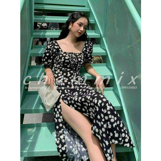 Đầm xẻ tà maxi cổ vuông tay phồng cúc họa mi ChemMix siêu xinh cho nàng đi biển, dạo phố