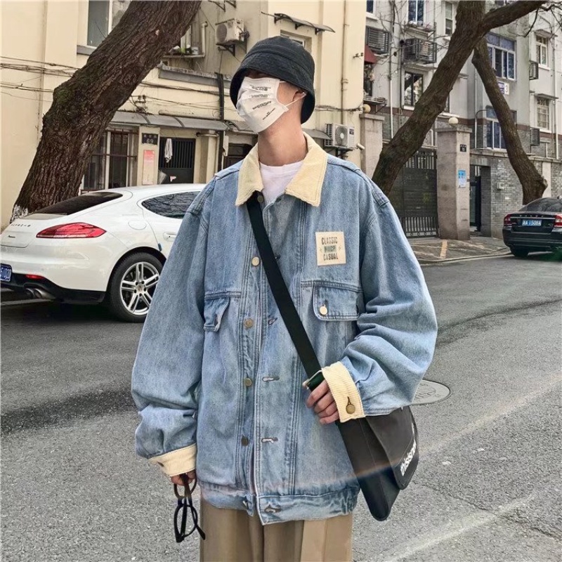 Áo khoác denim dáng rộng cổ bẻ kiểu Hàn Quốc retro thời trang mùa thu cho nam áo khoác dù mero kao