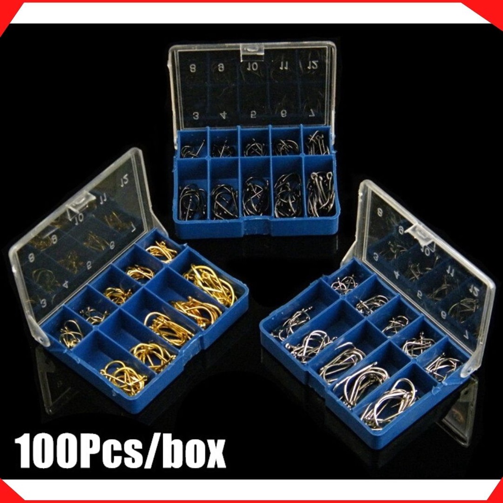Set 100 móc câu cá đầy đủ kích thước kèm hộp , nhiều size số băt sđươc đa dạng cá