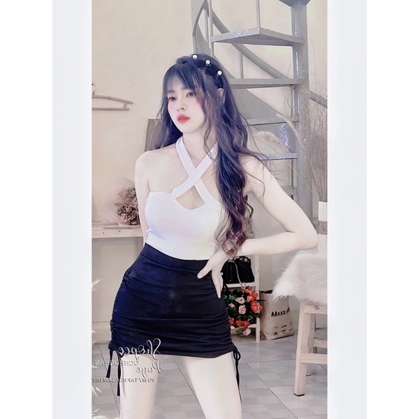 Set áo pozip chéo cổ và chân váy body rút dây 2 bên siêu đẹp
