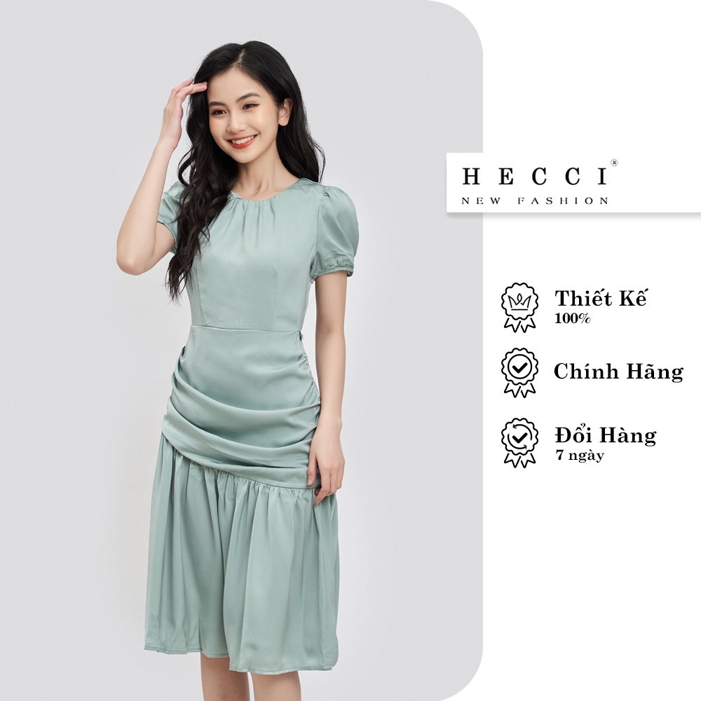 Váy đuôi cá dài tay bồng xếp ly nhún eo HECCI xanh ngọc cao cấp V96