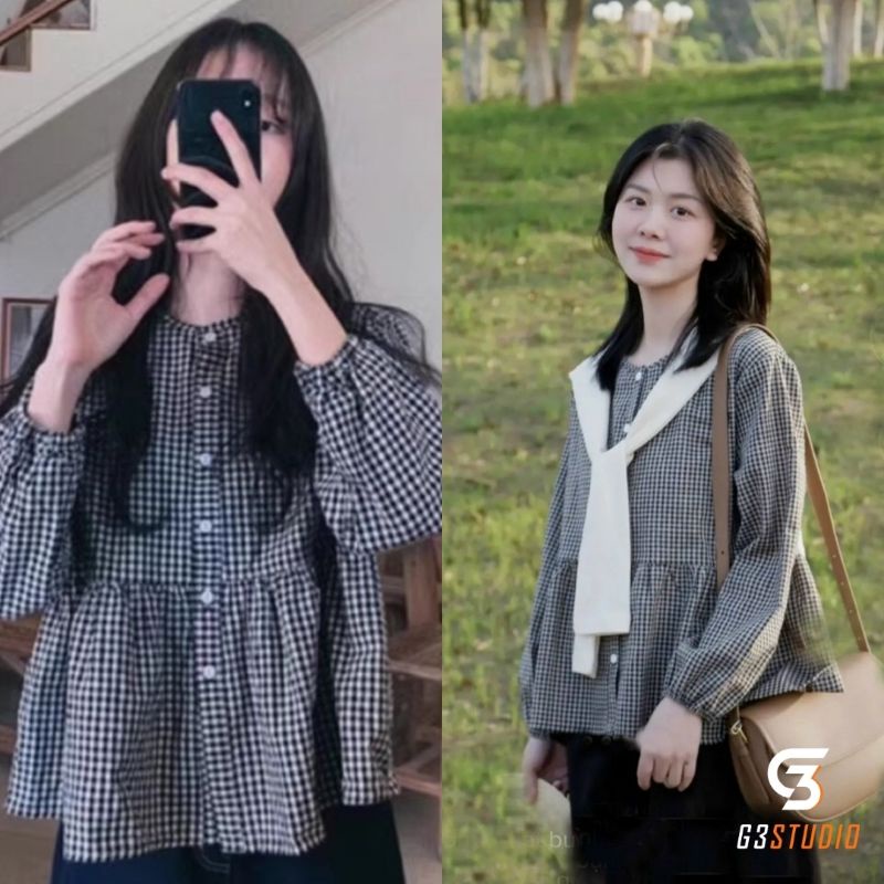 Áo babydoll kẻ caro kèm khăn quàng ulzzang hàn quốc