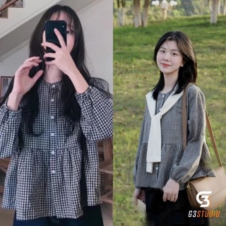 áo babydoll kẻ caro kèm khăn quàng ulzzang hàn quốc