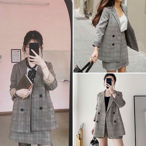 Set caro blazer (gồm áo vest + chân váy) CARO YAYSHOP cá tính năng động (hình thật )