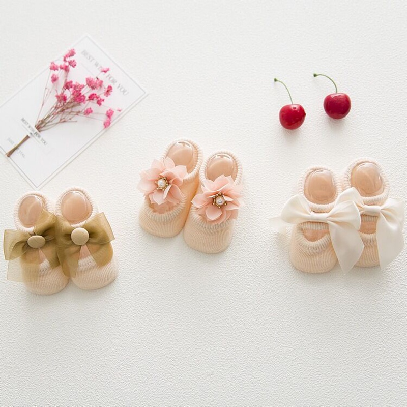 Set 3 Đôi Tất Cotton Chống Trượt Đính Nơ Hoa Dành Cho Bé