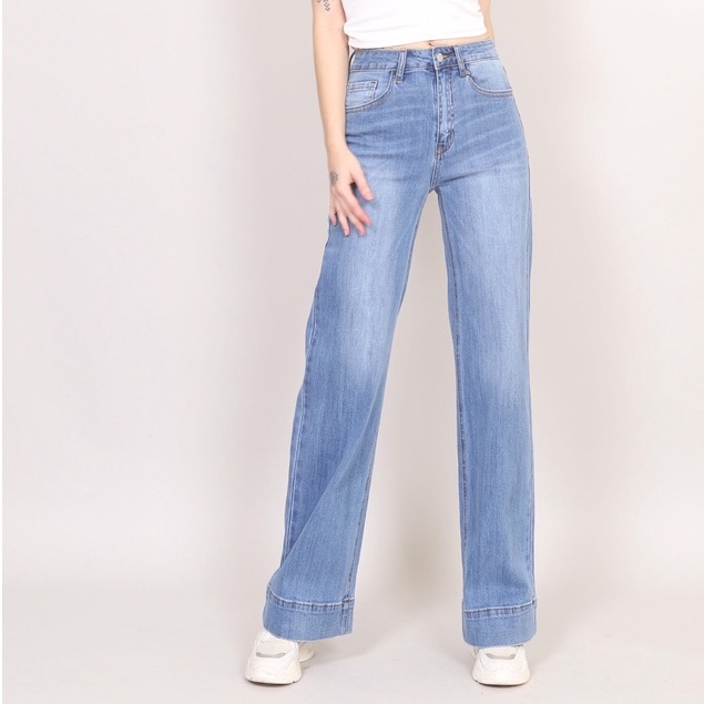 Quần Jean Nữ Ống Rộng cạp cao co giãn dáng dài trơn Gấu bản To 5cm CT JEANS