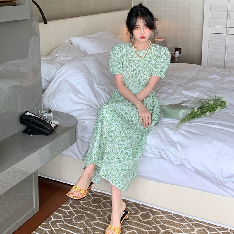 Đầm dài IELGY dáng chữ A lưng cao màu xanh lá kiểu Pháp thời trang hè cho nữ