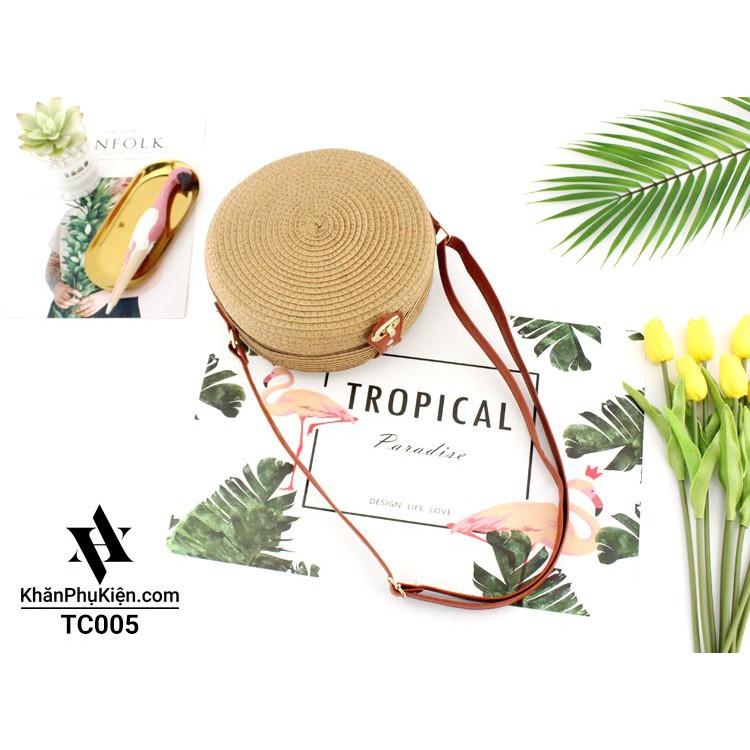 [NowShip - Giao Ngay] Túi Cói Boho Vintage Đeo Vai, Đeo Chéo Hình Tròn Dây Da Màu Nâu Be Trơn