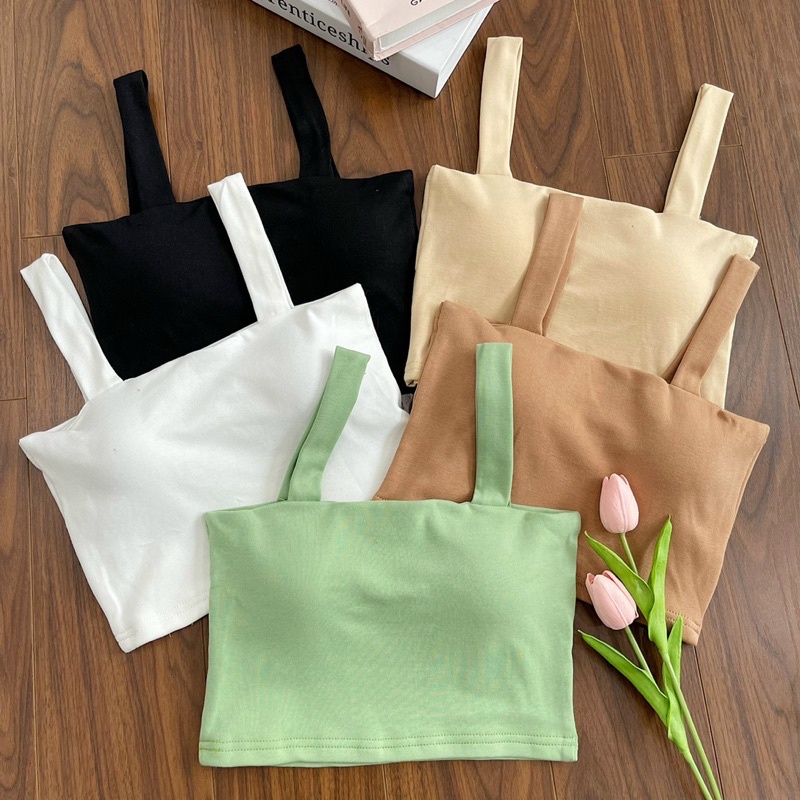 Áo croptop cổ vuông 2 dây bảng to kèm mút ngực sẵn