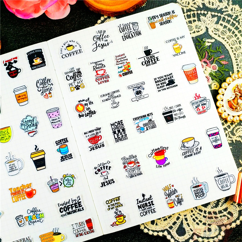 ★★★ Sticker Dán Trang Trí Nhật Ký Hình Coffee Q-1 Slang Mini ★★★ 60 Miếng Dán Trang Trí Album Thời Trang (Size: 2~3cm)