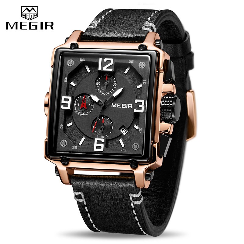Đồng Hồ Đeo Tay Mặt Tròn Dây Da Thể Thao Chống Nước Dành Cho Nam MEGIR 2061