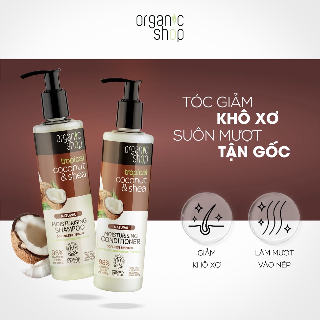 Combo Gội Xả (280mlx2) Và Kem Ủ Tóc (250ml) Suôn Mượt Mềm Mại ORGANIC SHOP Dầu Dừa Và Bơ Hạt Mỡ