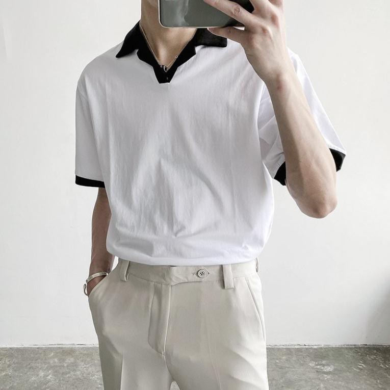 Áo thun trơn nam cổ vest trắng đen fom rộng unisex | BigBuy360 - bigbuy360.vn