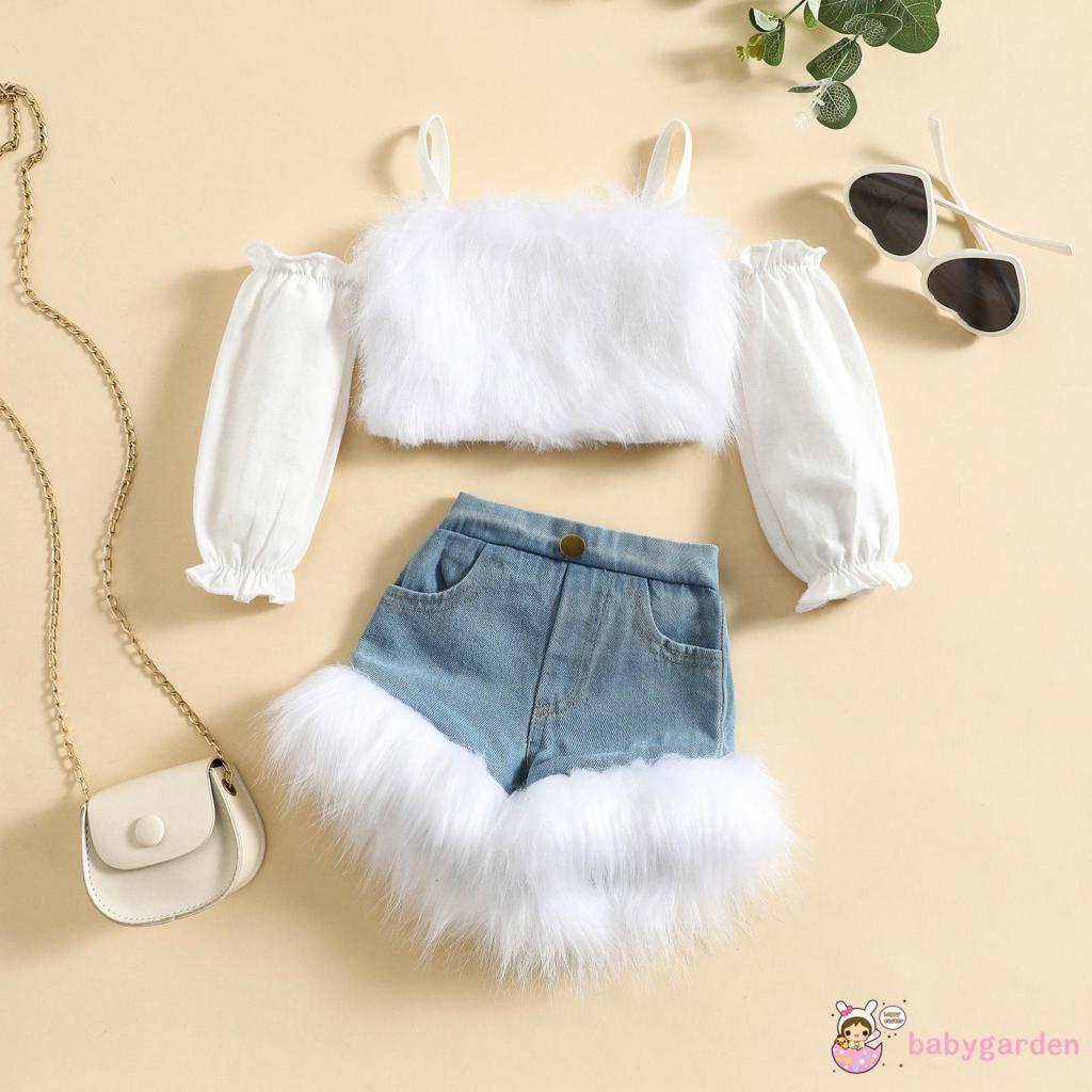 Set Áo Croptop Trễ Vai Tay Dài + Quần Short Denim Phối Lông Dễ Thương Cho Bé Gái 6 Tháng - 4 Tuổi