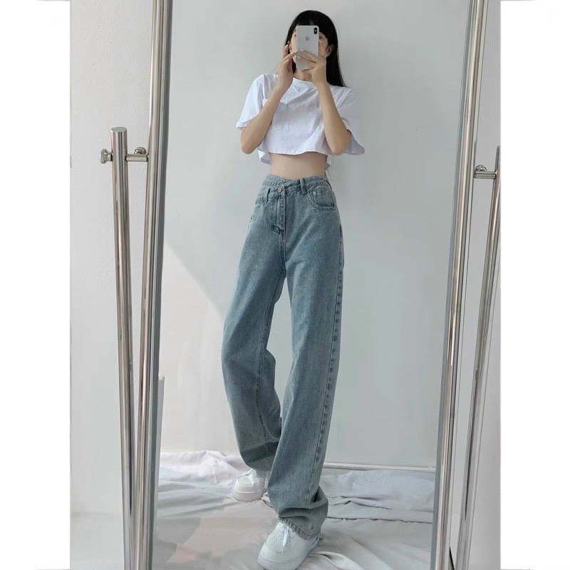 Quần bò ống rộng cạp cao nữ. quần jeans ống rộng cạp cao, dáng suông vải bò xinh xắn.