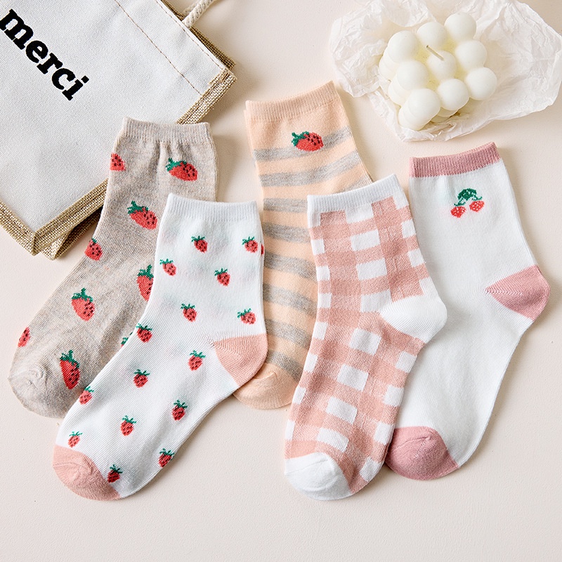 Combo 5 đôi vớ cổ cao ROBANA nhiều màu họa tiết dễ thương