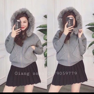 Áo khoác len mũ lông thỏ