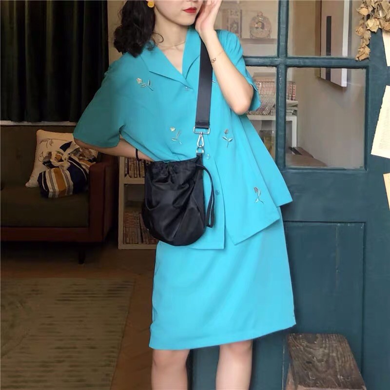 Set xanh vest ngắn tay chân váy hoa thêu chất mát - set áo vest chân váy hàn quốc | BigBuy360 - bigbuy360.vn