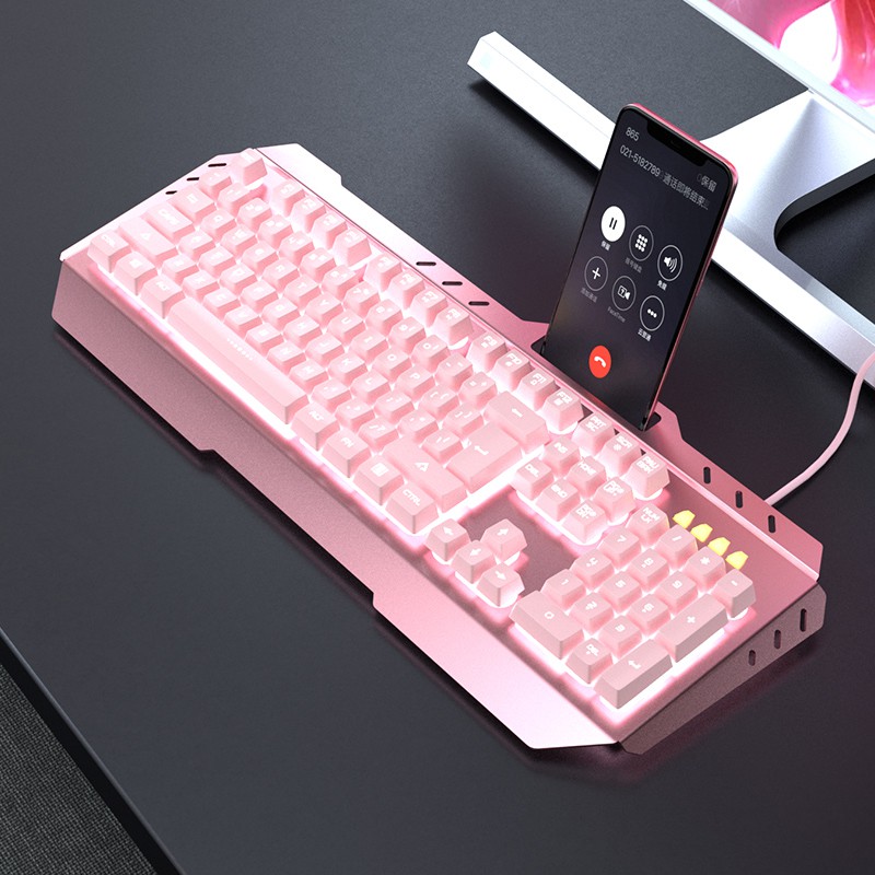 Full bộ bàn phím và chuột giả cơ máy tính chơi game có dây màu hồng bàng phím led USB Combo keyboard gaming red switch felling PC laptop