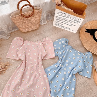 ĐẦM HOA CÚC CỔ VUÔNG XẾP LY