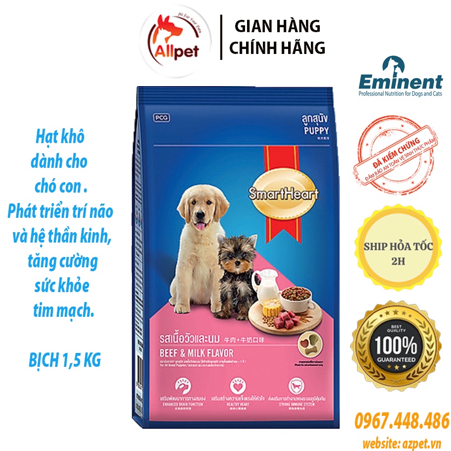 Thức ăn cho chó SmartHeart Puppy 1.5kg, hạt cho chó con Hương Vị Thịt Bò Và Sữa, Đồ ăn cho chó con Smart Heart.